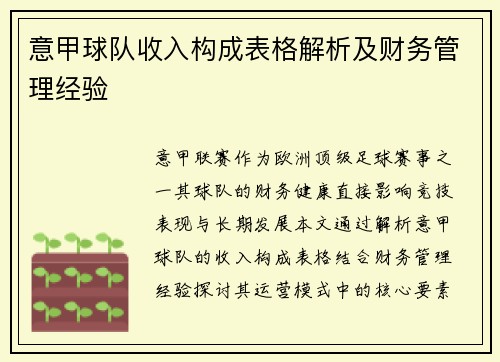 意甲球队收入构成表格解析及财务管理经验