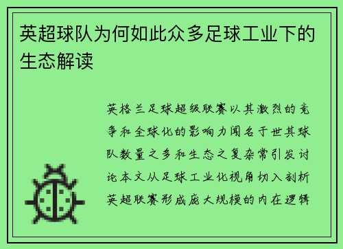 英超球队为何如此众多足球工业下的生态解读