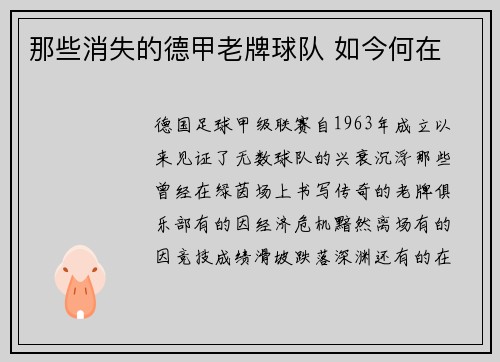 那些消失的德甲老牌球队 如今何在