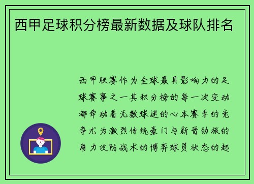 西甲足球积分榜最新数据及球队排名